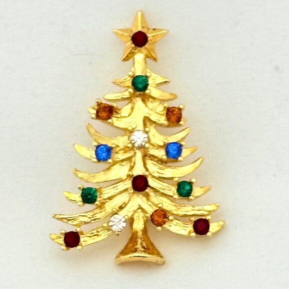 Vintage Eisenberg Ice Christmas Tree Gold-Tone Brooch w/Rhinestones - Picture 6 of 6